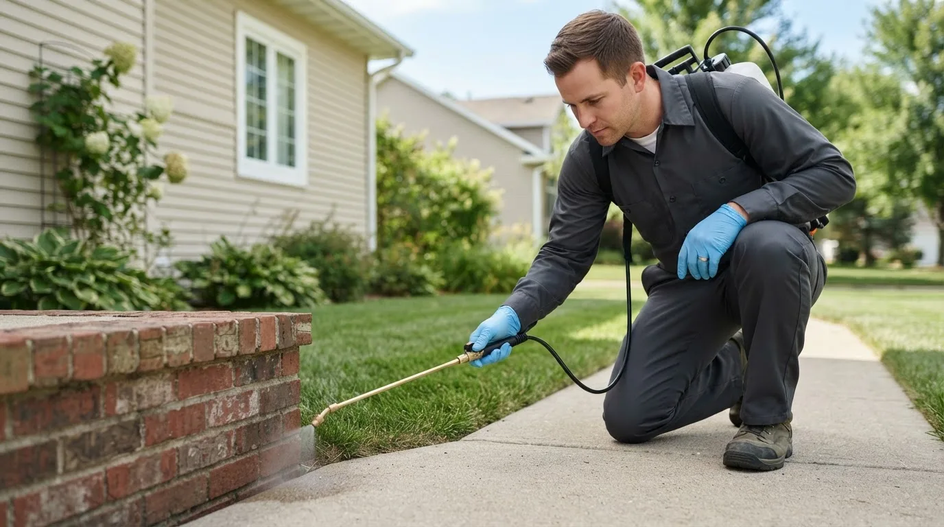 Pest control technician treating a home near Romney, IN